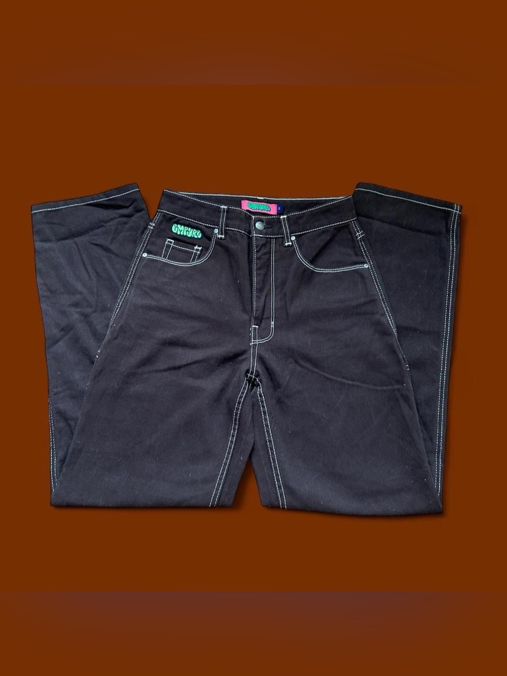 Empyre Brown Straight-Leg Jeans with White Stitching and Green Accent